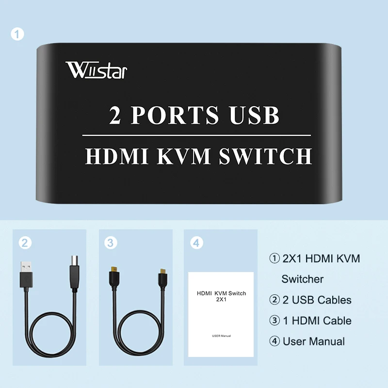 2X1 HDM KVM Switch Box Selector HDMI Switch 2 In 1 Out Sharing USB 2.0 monitor mouse keyboard for 2 Computer Laptops PCs