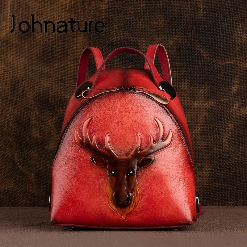 

Johnature Retro Embossed Genuine Leather Bagpack Women Bag 2022 New Leisure Handmade First Layer Cowhide High Quality Backpack