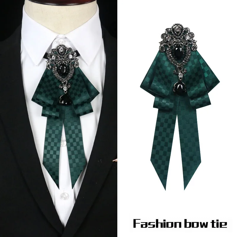 Ретро тканевый галстук-бабочка со стразами в британском стиле, роскошные галстуки, свадебные аксессуары для мужчин и женщин - Цвет: Green lattice