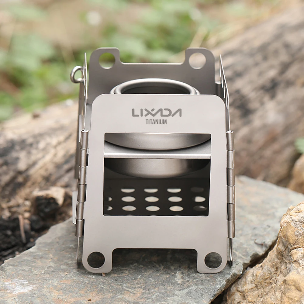 Lixada Camping Titanium Stove with Mini Alcohol Stove Portable Folding Wood Stove Cookware Pocket Stove Camping Equipment