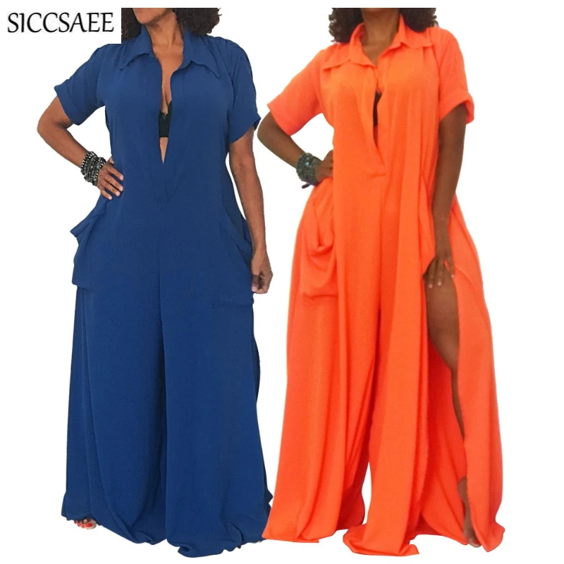 

Wide Leg Palazzo Pants Side Split Loose Oversized Jumpsuits And Rompers For Women Solid Color Short Sleeve Overalls Casual Sexy