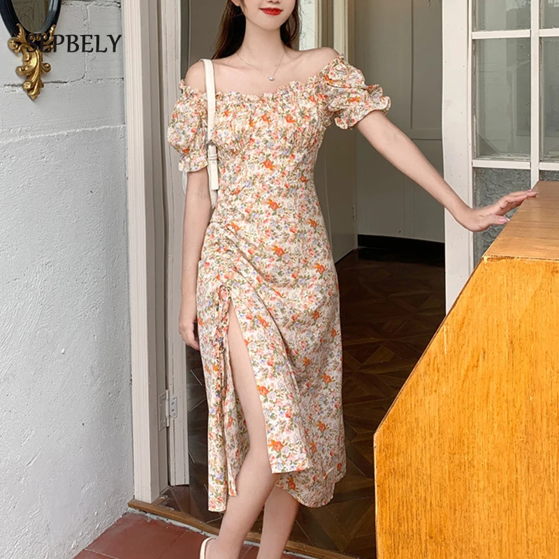 

SLPBELY Romance Retro Dress Y2K Women Floral Print Square Collar Dress Summer Ruffles Puff Sleeve Slim Split Midi Dress Vestido