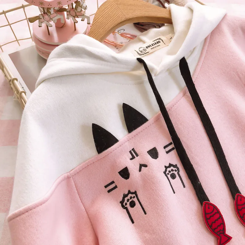 Осенняя мода японский Mori милые девочки кошка худи с вышивкой Harajuku розовый Синий плюш теплый милый маленький толстовка с изображением рыбы
