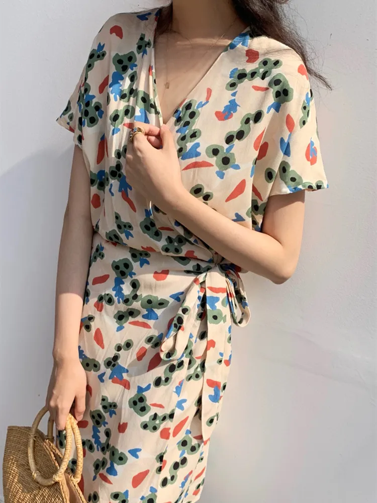 

Summer Fresh Print Wrap Dress Women Slim V Neck Short Sleeve Lace Up Midi Tea Dress