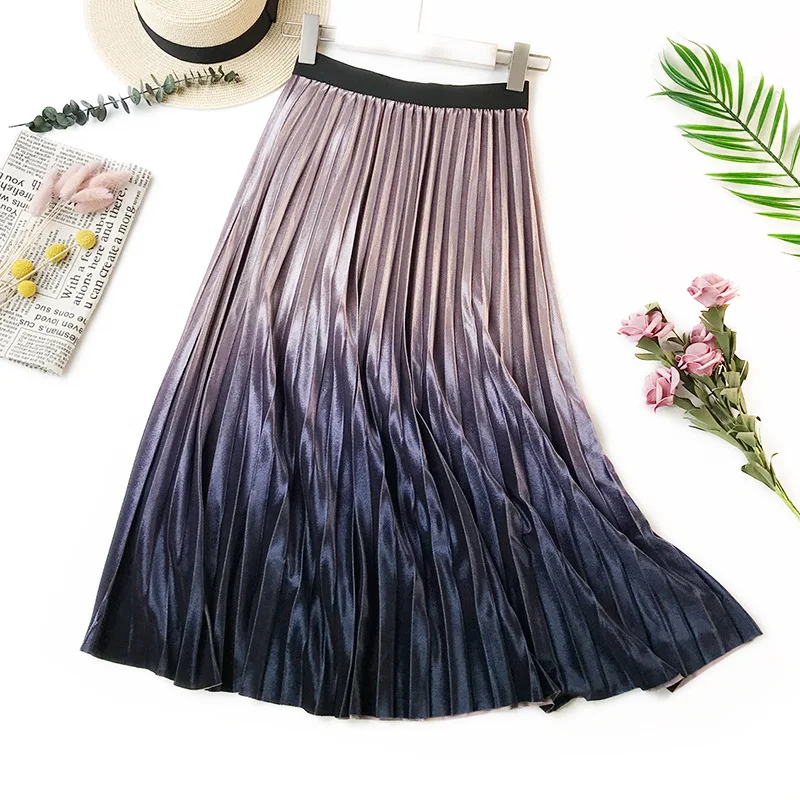 Весенняя бархатная плиссированная трапециевидная юбка средней длины для женщин, эластичные женские юбки с высокой талией и эластичным поясом - Цвет: Фиолетовый
