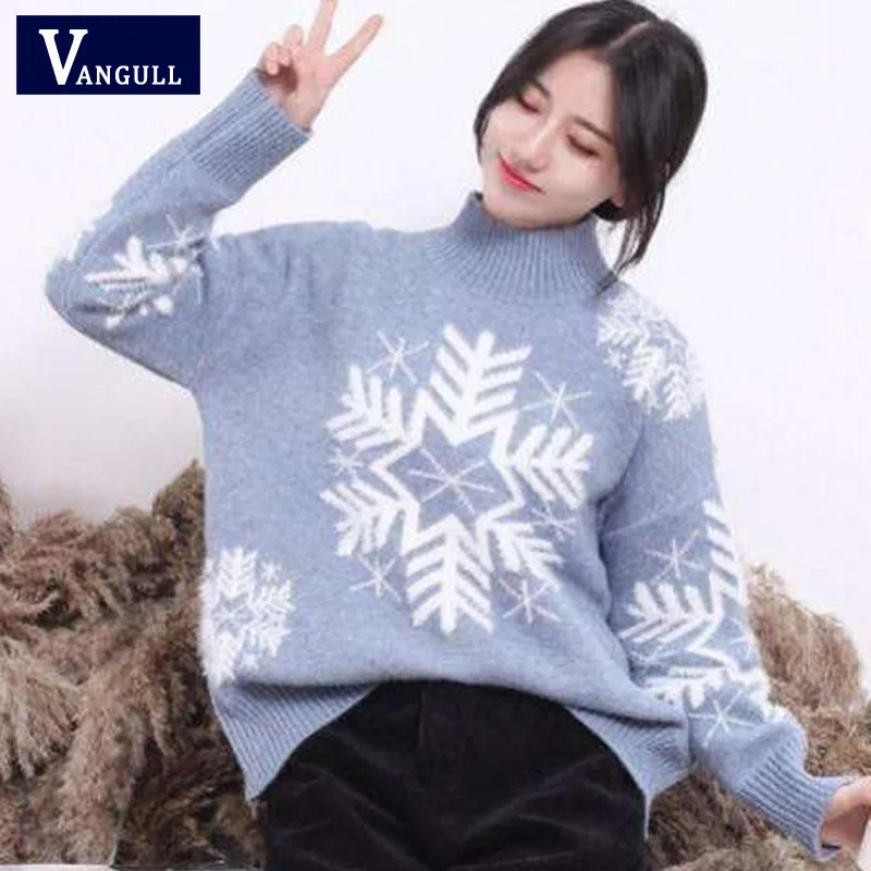 Vangull 2019 New Autumn Winter Women Knitted Sweaters Pullovers Turtleneck Long Sleeve Snow Christmas Slim Elastic Short Sweater | Женская