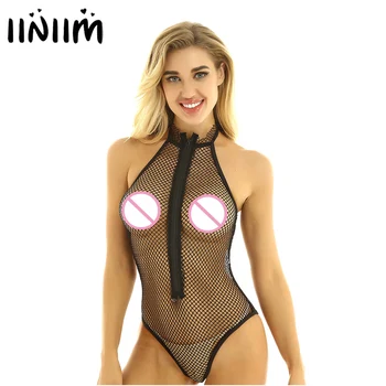 

iiniim Women Femme Exotic Lingerie Teddies Bodycon Catsuit See Through Fishnet Hollow Out Zip Backless Evening Parties Bodysuit