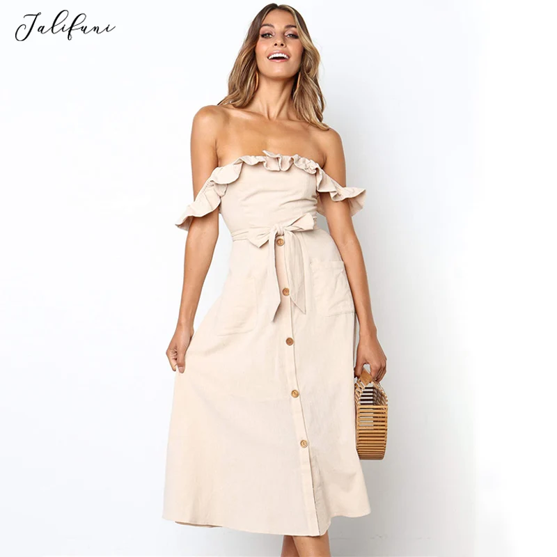 

Women Casual Ruffle Summer Dress 2019 New A-Line Sleeveless Button Solid Off The Shoulder Ankle-Length Empire Slash Neck Dresses