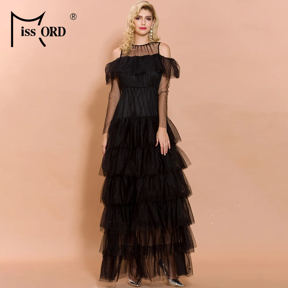 Missord Women O Neck Long Sleeve See Through Mesh Dresses Female Elegant Ruffles Maxi Dress FT19573-2