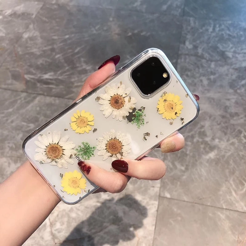 Tfshining Bling Glitter Real flowers Dried Daisy Flowers Phone Cases For iPhone 11 Pro X XS Max 6 6S 7 8 Plus XR Case TPU Cover |