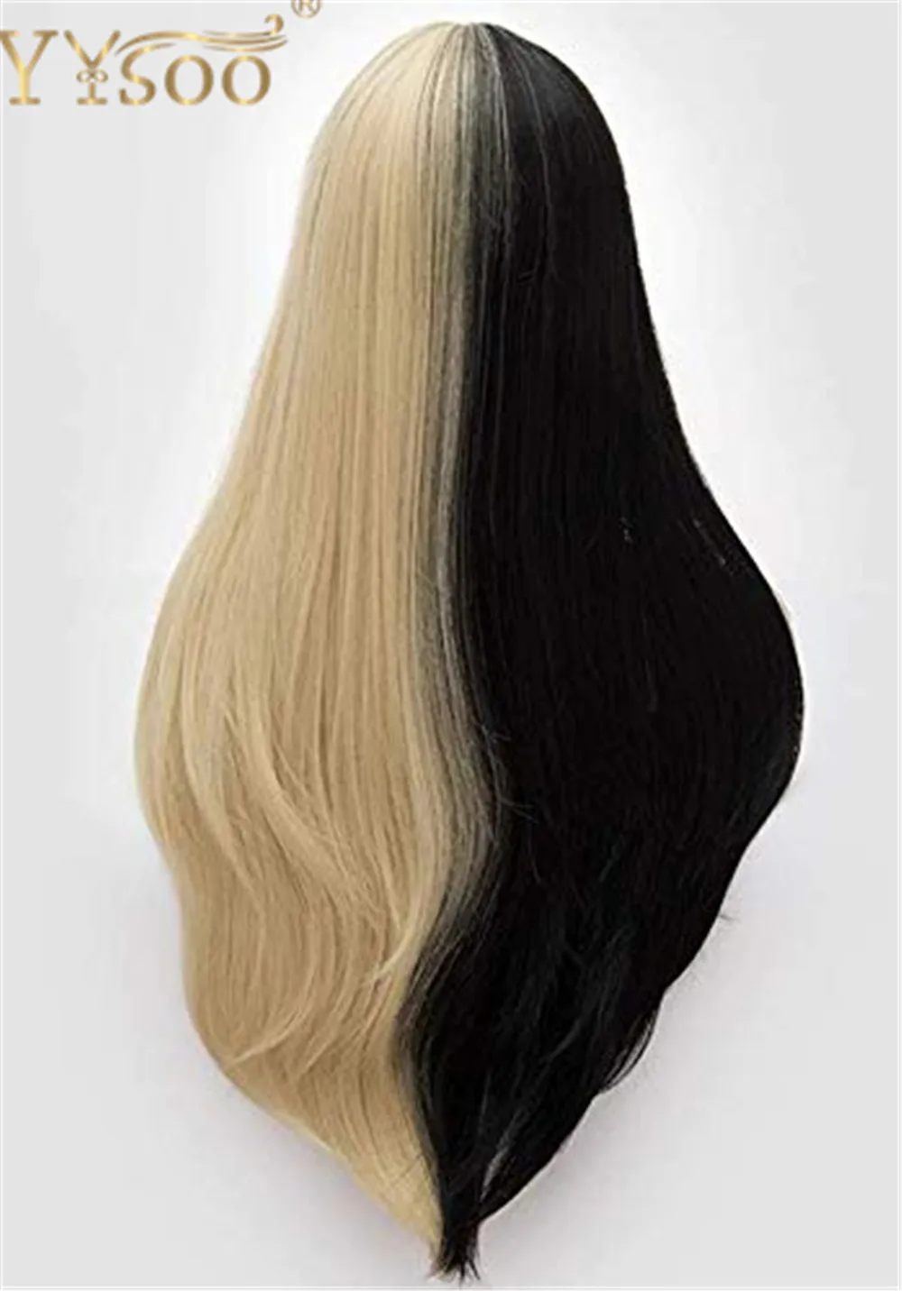 Yysoo Long Straight Synthetic Cosplay Wig Half Black Half Blonde Wigs With Bangs High Temperature Heat Resistant Fiber Hair Wig Synthetic None Lace Wigs Aliexpress