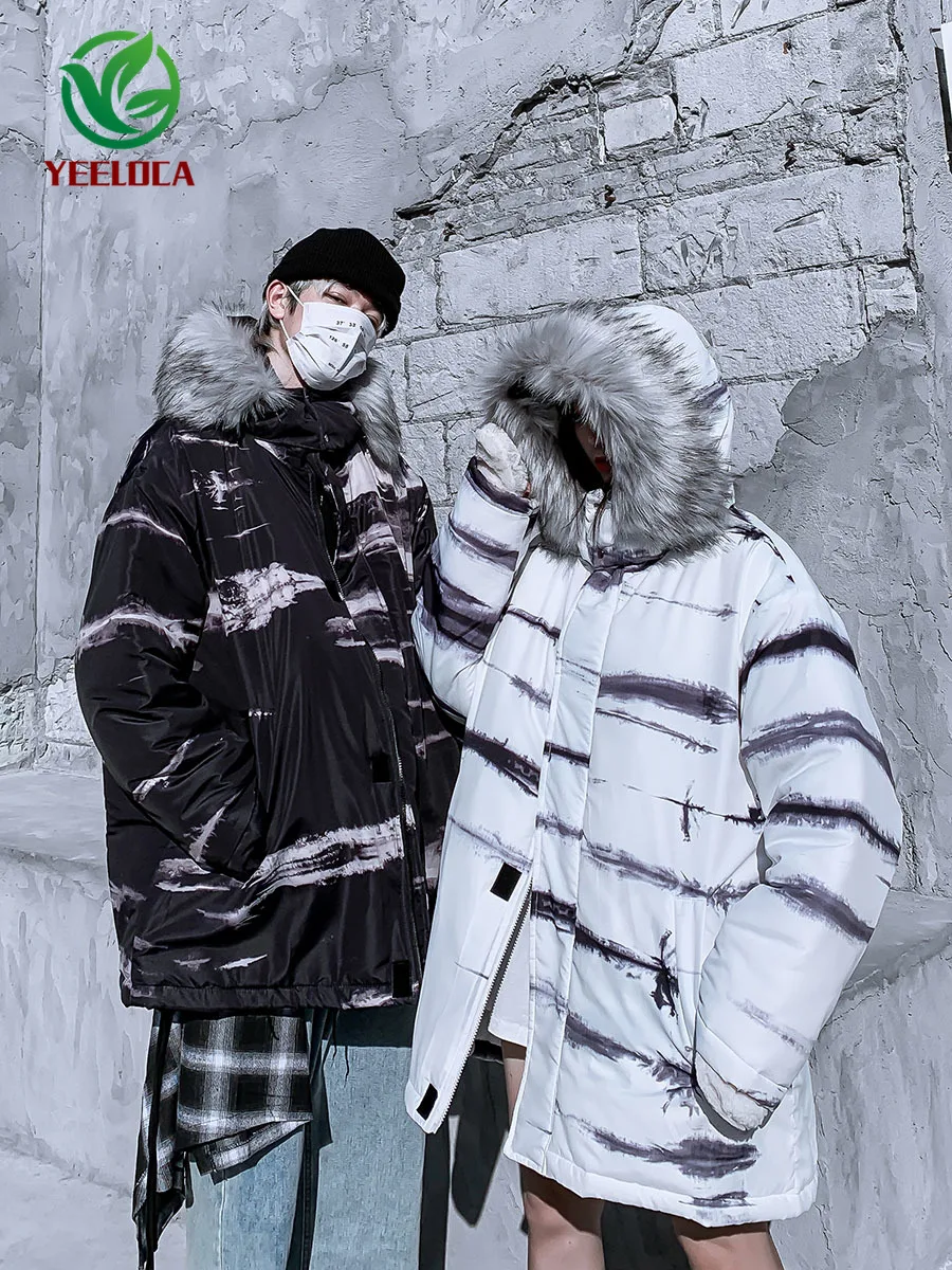 Мужская куртка в стиле хип-хоп с меховым воротником и капюшоном, зимнее теплое хлопковое пальто, парка для отдыха в стиле Харадзюку