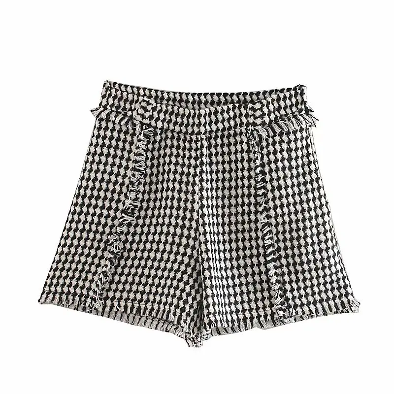 Новые женские винтажные Клетчатые Шерстяные шорты с кисточками и карманами на молнии сбоку P591