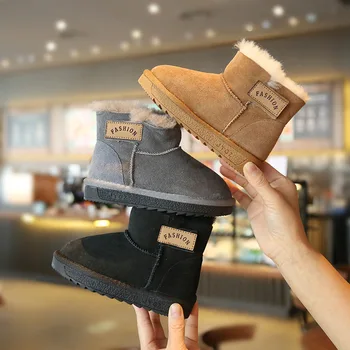 

Children's Snow Boots 2019 Winter New Fur-in-One Kids Cotton Shoes Thickening Warming Boys Girls Genuine Leather Boots Plush