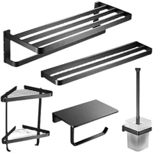 Black Baking Bath Hardware Accessories Solid Brass Towel Rack Bar Corner Shelf Roll Tissue Holder Toilet Brush Set Wall Mounted