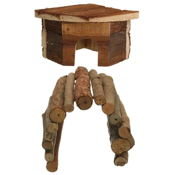 

2 Pcs Wooden House Villa Cage Exercise Toys for Hamster Hedgehog Mouse Rat Guinea Pig, Arch Bridge with Triangle-Hamsters