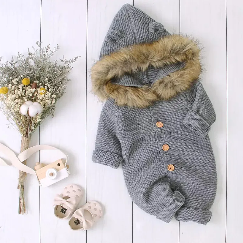 Emmababy-зимний комбинезон с длинными рукавами и пуговицами для новорожденных мальчиков и девочек, трикотажный комбинезон с капюшоном, пальто, одежда - Цвет: 2
