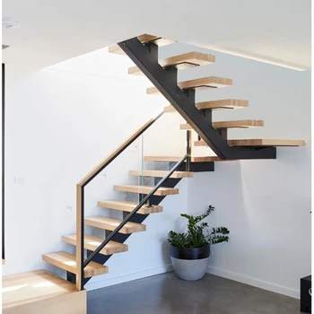 

Indoor Wooden Stairs Staircase Straight Design With Tempered Glass Handrail For Modern Style