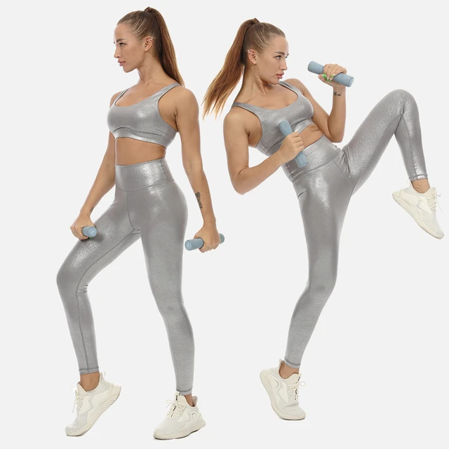 High Rise Silver Shine Gym Leggings Women Metalic Medium Support Sports Bra  With Glossy Liquid Finish Compressive Activewear Set - Trainning & Exercise  Pants - AliExpress