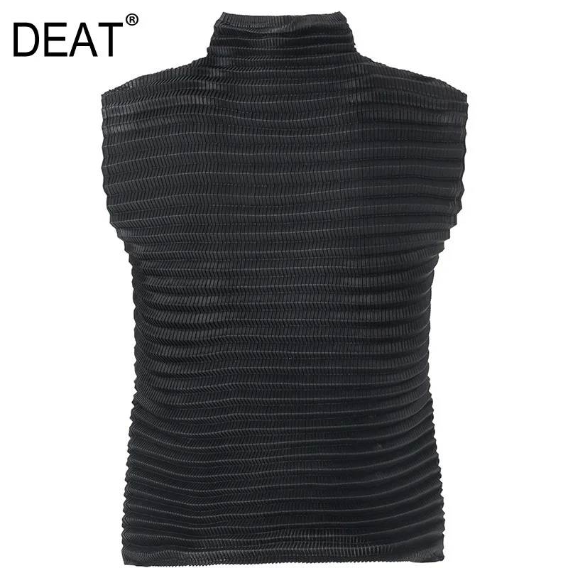 

[DEAT] 2019 Summer New Patter Streetwear Fashion Pleated Striped Sleeveless Simple Slim Solid Color High Collar T-shirt AI242