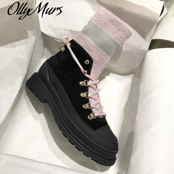 

Women Ankle Boots Genuine Suded Leather Autumn Winter Martin Boots Runway Lace Up Socks Boots Party Dress Shoes CombatWomen 2020