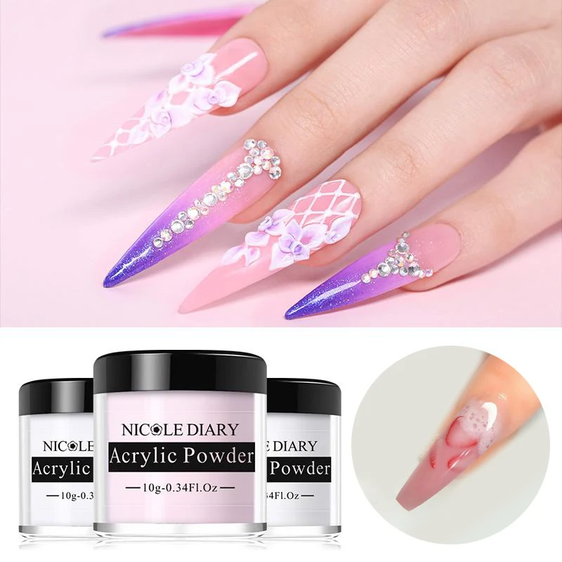 NICOLE DIARY 10g Pink White Crystal Nail Powder Pink White Acrylics For Nails Extension Flower Carving Manicure Dipping Nail Dus