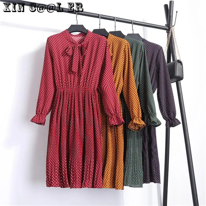 Beautiful Fashion Spring Autumn Women Long Sleeve Dress Retro Collar Casual Slim Dresses Floral Printing Chiffon Sexy