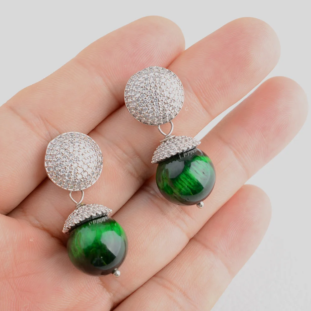 14mm Round Green Tiger Eye Cz pave Earrings