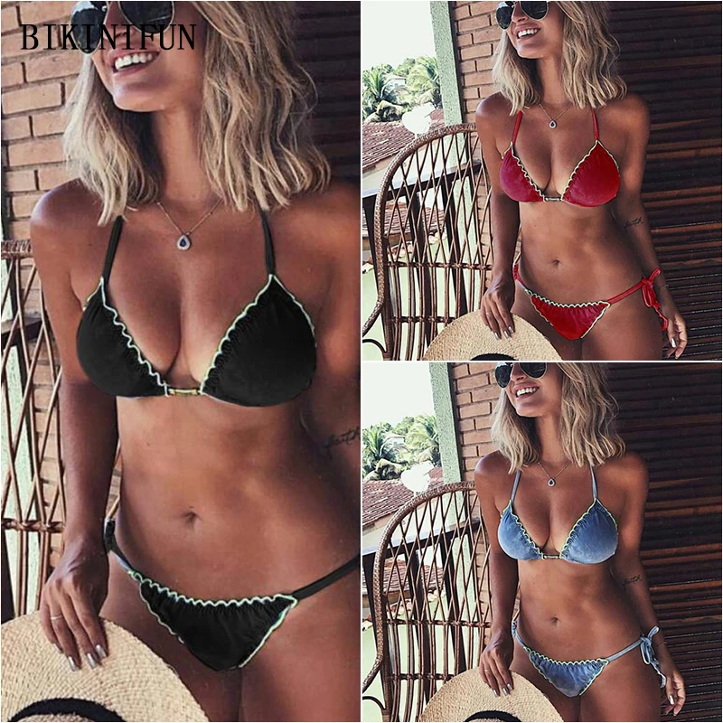

New Sexy Solid Color Bikini Women Swimsuit Border Crochet Swimwear S-L Girl Backless Halter Bathing Suit String Micro Bikini Set