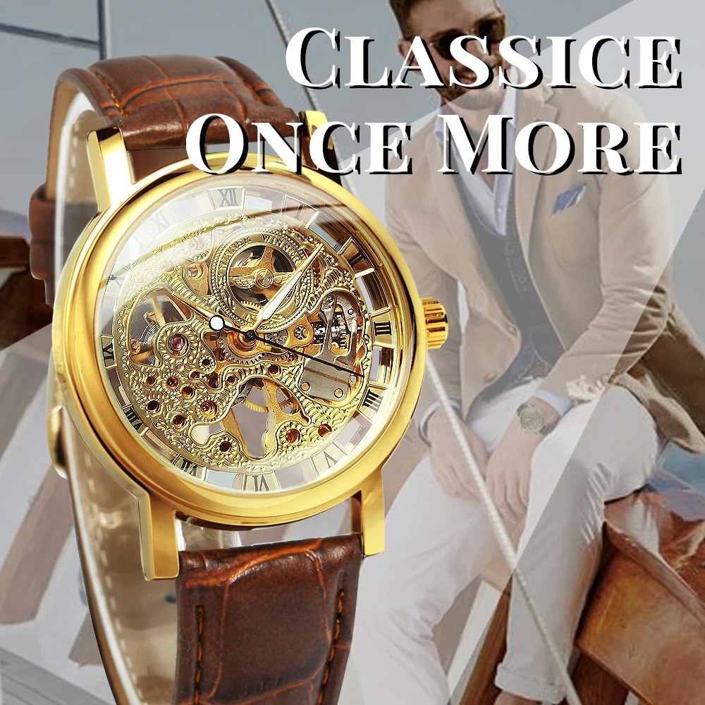 Gold Watch Men Fashion Skeleton Mens Watches Luxury Business Clock Leather Strap Wristwatch