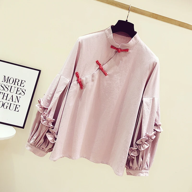 Винтажное с рукавами-фонариками Blusas Woman осень китайский стиль Стенд воротник пластина пряжка рубашка с оборками на рукавах Женские повседневные топы