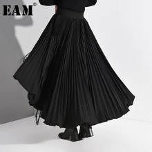 [EAM] черная длинная Плиссированная юбка с высокой эластичной талией на спине, женская модная юбка, новинка, весна-осень, A783