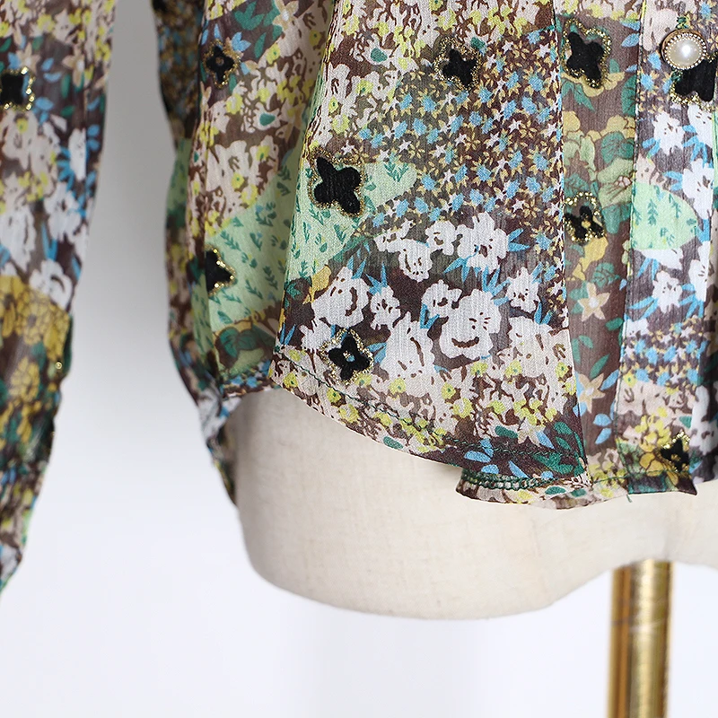 TWOTWINSTYLE Print Patchwork Sequin Women's Shirt Stand Collar Long Sleeve Lace Up Bowknot Autumn Blouse Female Fashion New