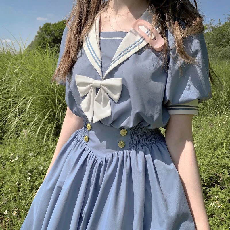 Harajuku Sailor Collar Navy Dress Japanese Lolita Sweet Bow-knot Girl Retro Cotton Kawaii Preppy Style Short Sleeve Dress Women