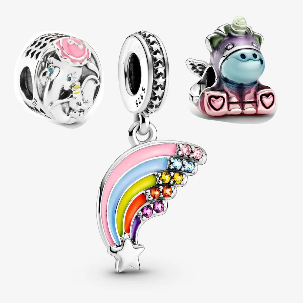2021 Nuovo Argento Sterling 925 Colorato Arcobaleno Arcobaleno Unicorno Fascino Pacchetto Fit Braccialetto Collana Unicorno Fascino Gioielli Fai Da Te