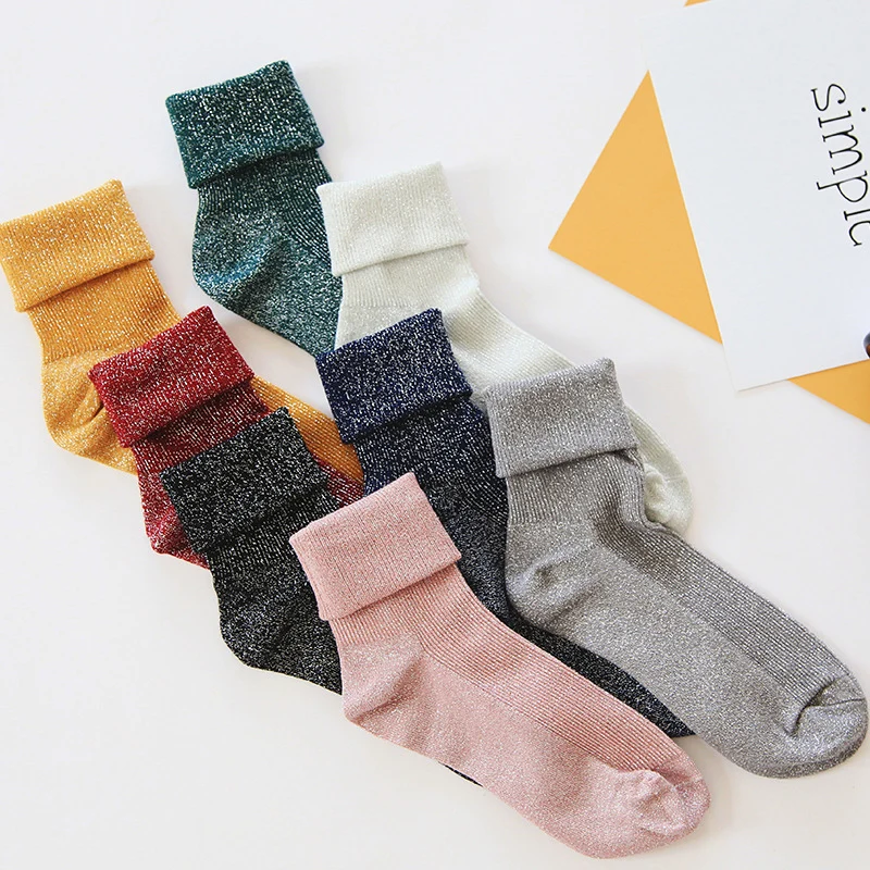 Fashion Happy Socks Women Cotton Shiny Metallic Line Socks Female Winter Thick Warm Socks Solid Fold Simple Art Socks