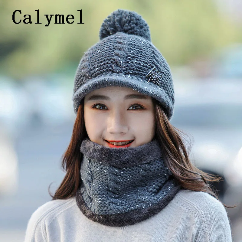 Calymel шарф и шляпа наборы протектор удобные зимние Бархатные утепленные бейсбольные вязаная шапка шейный платок женские вязаные шерстяные