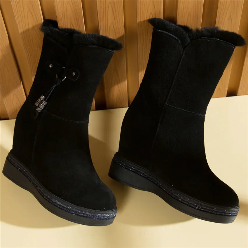 Punk Goth Trainers Women Cow Leather Wedges High Heel Snow Boots Rabbit Fur Platform Pumps High Top Winter Warm Fashion Sneakers
