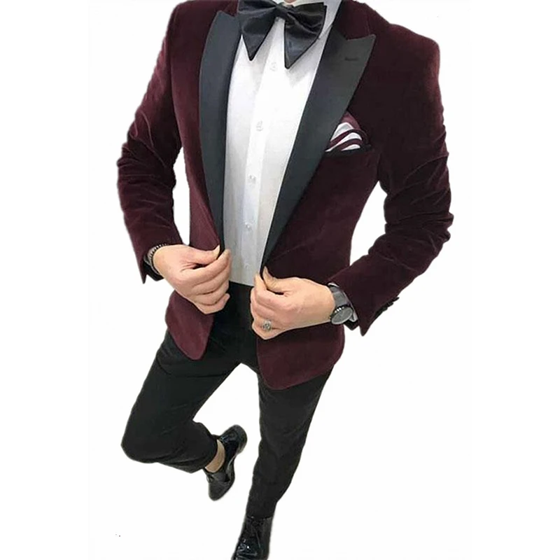 

Two-Piece Peak Lapel Mens Wedding Velvet Tuxedo Suits For Groom Formal Male Business Suits Slim Fit Prom Dress wear