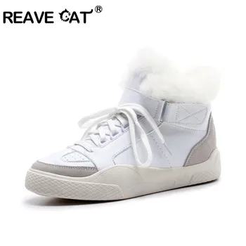 

REAVE CAT Women's Snow Boots Flat Heels genuine Leather Winter Warm Fur sneakers Womens lace up Shoes black white