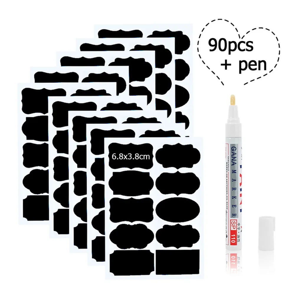90PCS with PEN 1 комплект Черные Водонепроницаемые этикетки стикеры в стиле доски для рисования мелом для специй jam Jar ярлыки на бутылки для домашнего кухонного магазина организовать аксессуар - Цвет: 90PCS with PEN