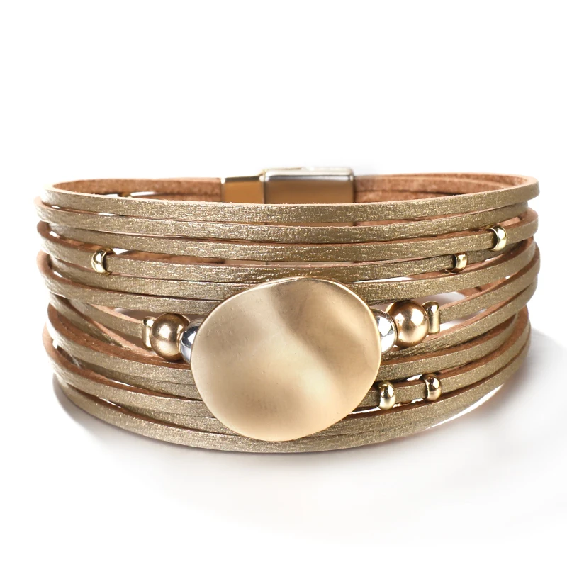 Amorcome круглые металлические Очаровательные кожаные браслеты для женщин Модный богемный широкий многослойный браслет женские ювелирные изделия - Окраска металла: Золотой цвет