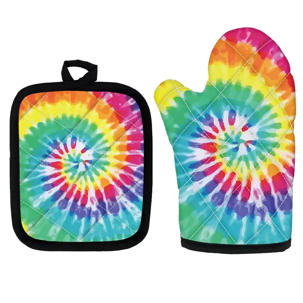 

Microwave Oven Mitts 2pcs/Set Insulation Pads Tie Dye Colorful Pot Holders Washable Heat Resistant Pads for BBQ Cooking Baking