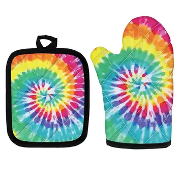 

Microwave Oven Mitts 2pcs/Set Insulation Pads Tie Dye Colorful Pot Holders Washable Heat Resistant Pads for BBQ Cooking Baking