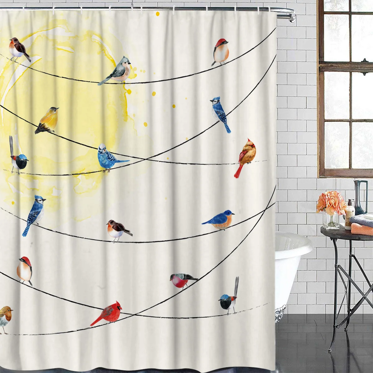 

Cute Animal Theme Bird On Wire Shower Curtains Polyester Fabric Waterproof Bathroom Bath Curtain