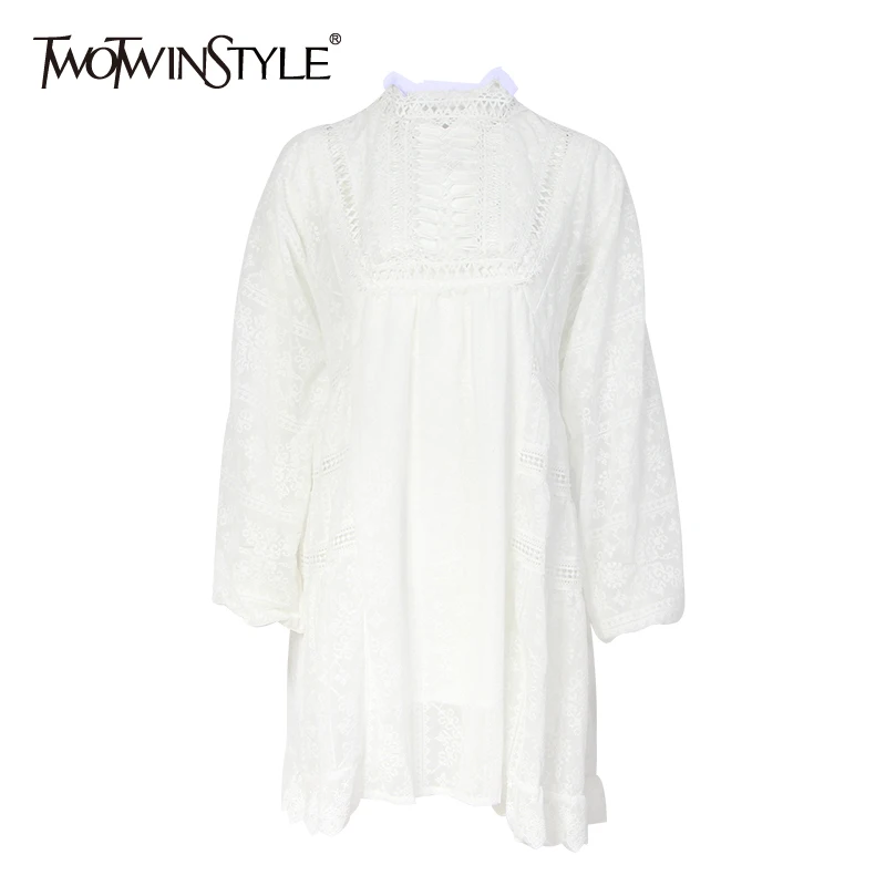 TWOTWINSTYLE Hollow Out Dress For Women O Neck Backless Bow Bandage High Waist Irregular Hem Mini Dresses Fashion Clothes New | Женская