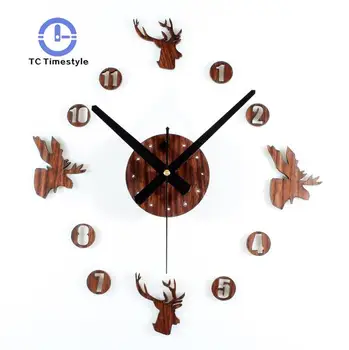 

Wooden DIY Deer Wall Clock European Retro Rural Quartz Clocks 3D Wood Silent Large Modern Design Home Decor Classic Wall Watch