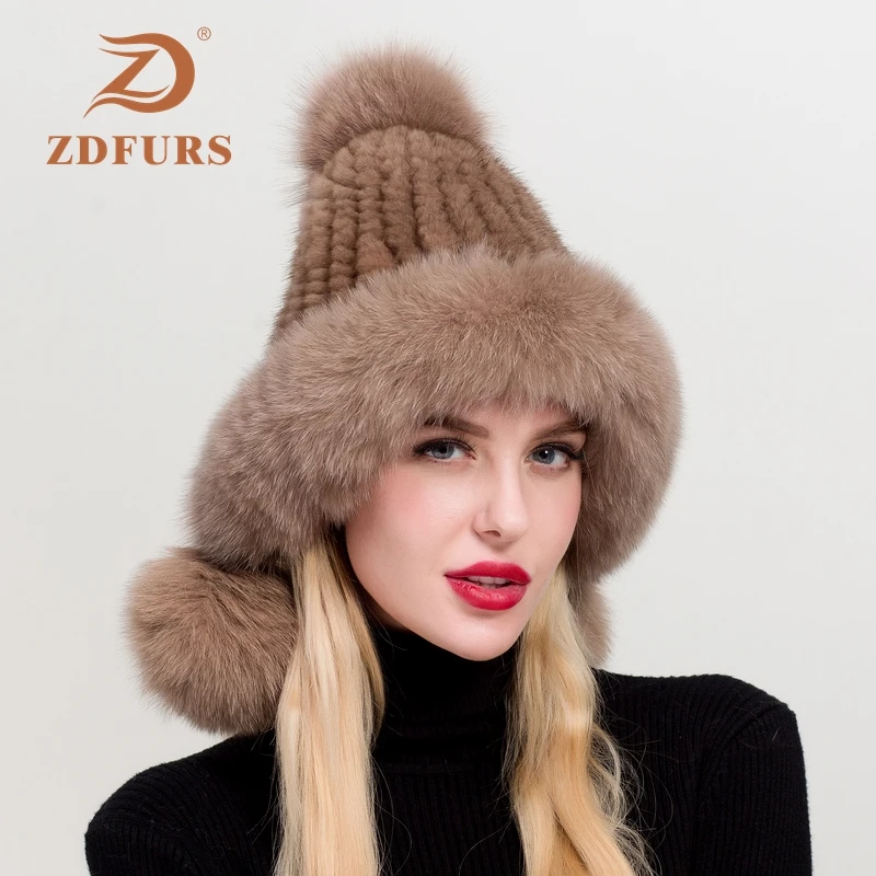 

ZDFURS* Women's Winter Knitted Mink Fur Hat Ear Flap Fox Fur Pom Bomber Hats Caps Russian Hat Ushanka Trapper Snow Skiing