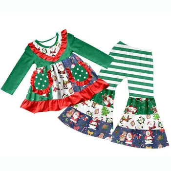 

New Christmas Baby Girl Dress Green positioning flower short sleeve + stripe flared pants set