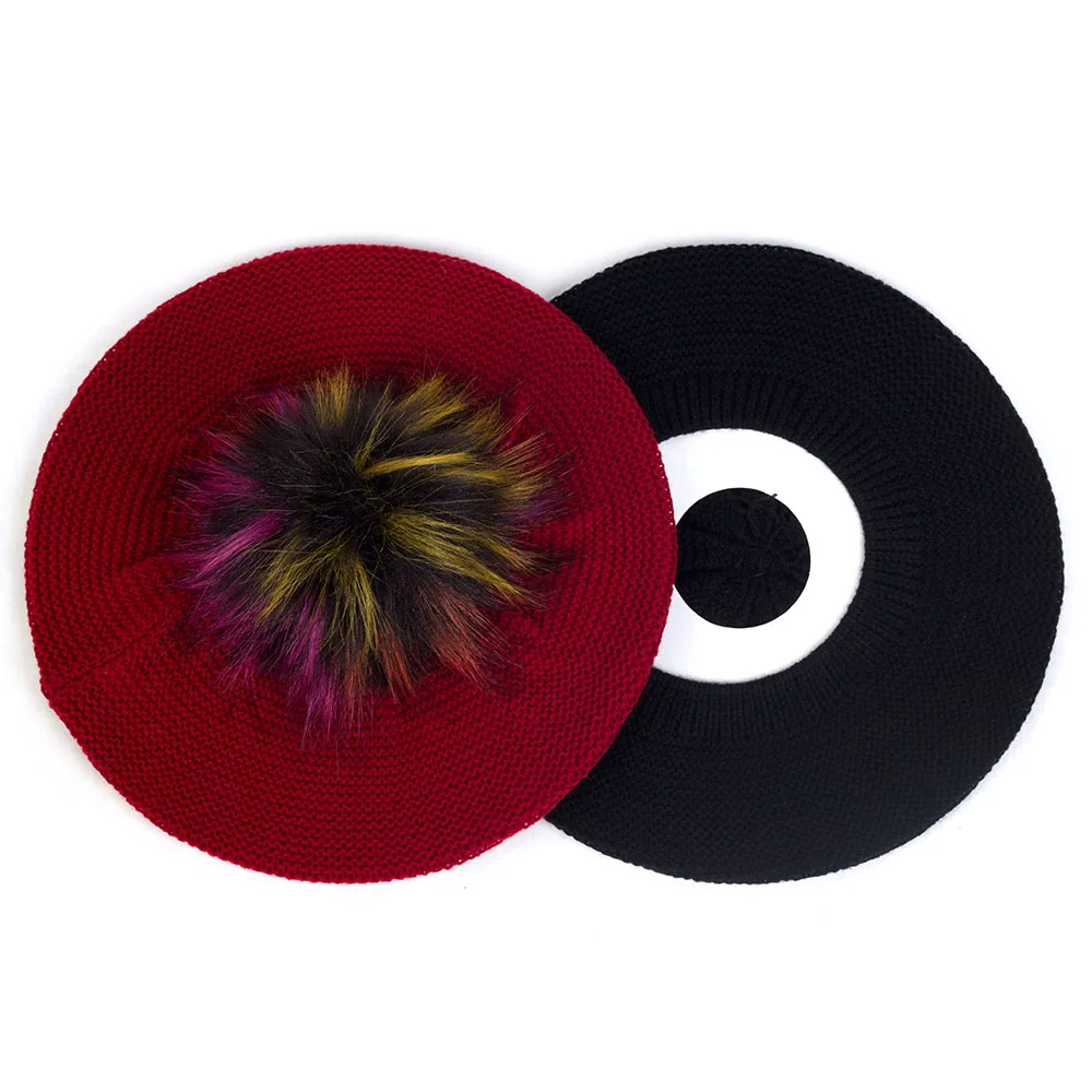 

Women Knitted Beret With Faux Fur Pom Pom Hairballs Female Casual Winter Elastic Retro French Artist Hats Fashion Ladies Caps